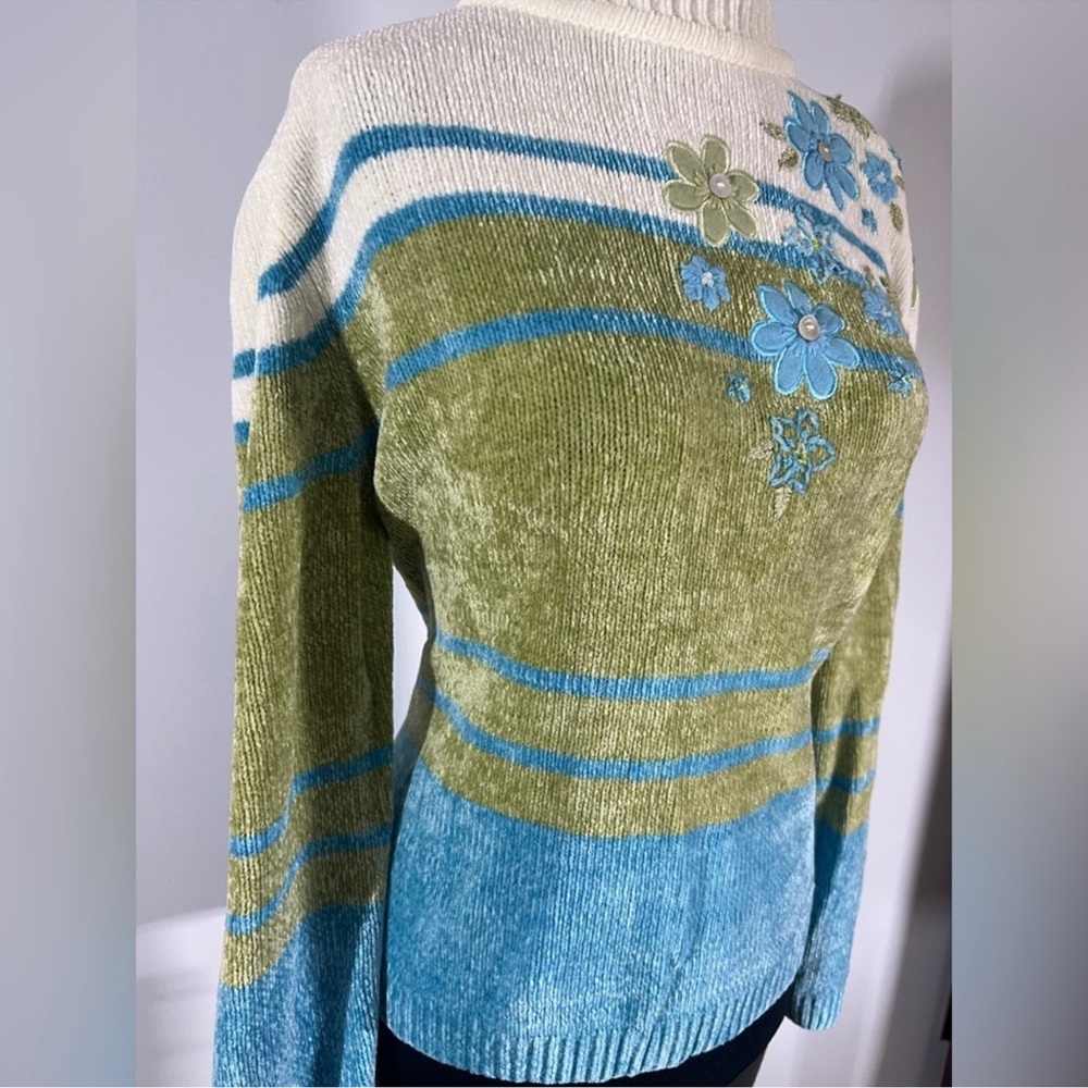 Alfred Dunner Floral Cowl Neck Sweater - Green, Blue, Cream - Picture 3 of 5